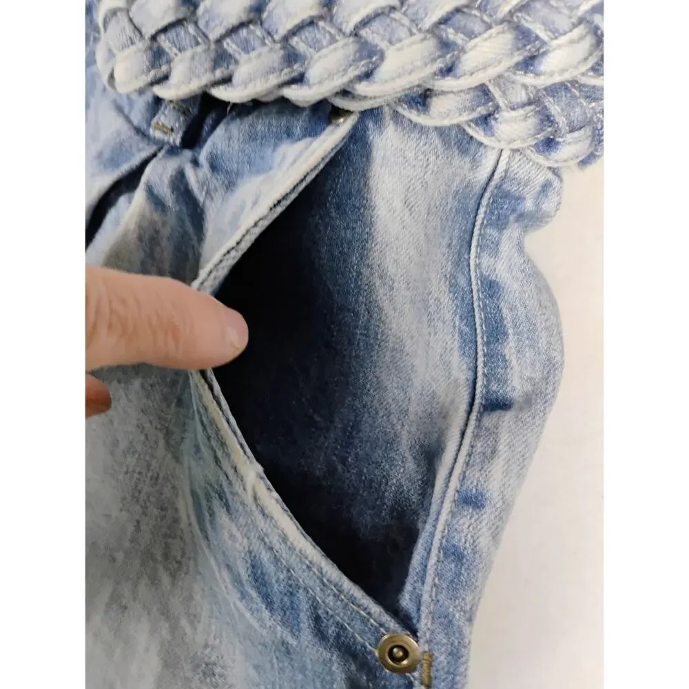 Tortoise Denim Womens Pleated Hot Pants 29 Acid Wash Mid Rise Y2K Braided Belt
